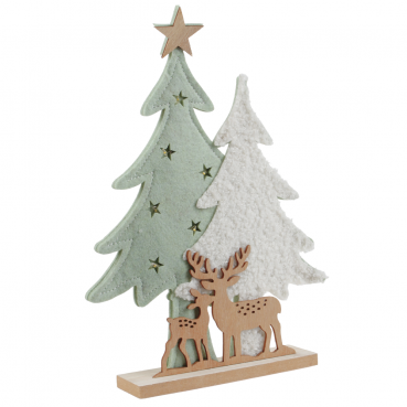 Deko Filz Tannenwald mit Holz Hirsch und Rehkitz mit LED Beleuchtung, 27 cm. Ansicht Rückseite.