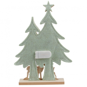 Deko Filz Tannenwald mit Holz Hirsch und Rehkitz mit LED Beleuchtung, 27 cm. Ansicht Rückseite.
