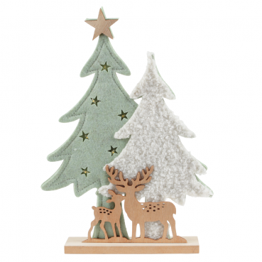 Deko Filz Tannenwald mit Holz Hirsch und Rehkitz mit LED Beleuchtung, 27 cm