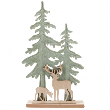 Deko Filz Tannenwald mit Holz Hirsch und Rehkitz in Pistachio Green, 30 cm