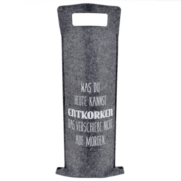 Filz Geschenktasche für Weinflaschen -Entkorken- in Grau meliert, 41 cm