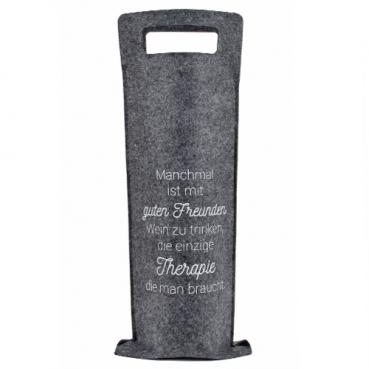 Filz Geschenktasche für Weinflaschen -Mit guten Freunden Wein trinken- in Grau meliert, 41 cm