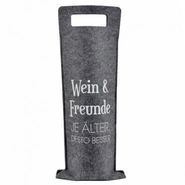 Filz Geschenktasche für Weinflaschen -Wein & Freunde- in Grau meliert, 41 cm