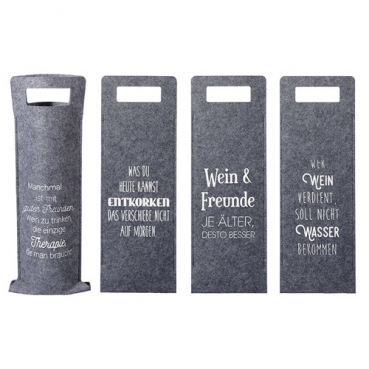 Filz Geschenktaschen Set mit 4 Sprüchen für Weinflaschenin in Grau meliert, 41 cm