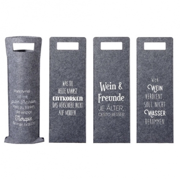 Filz Geschenktaschen Set mit 4 Sprüchen für Weinflaschen in Grau meliert, 41 cm
