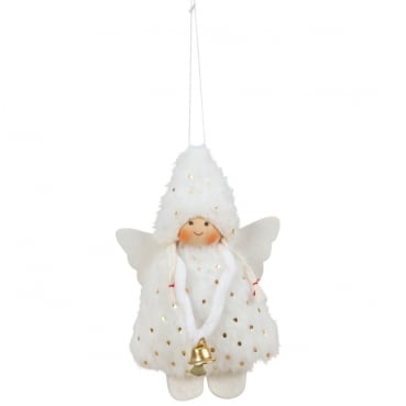 Flauschiger Plüsch Winterengel zum Aufhängen in Weiß, 13 cm.