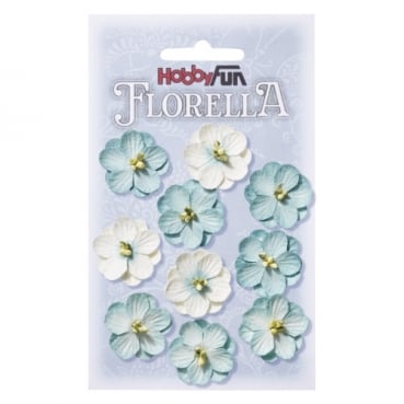 10 Florella Blümchen handgemacht aus Maulbeerpapier in Hellblau, 25 mm