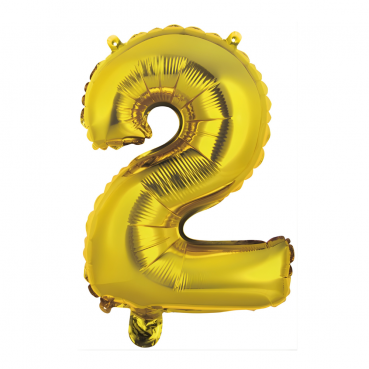 Folien Zahlenluftballon 2 in Gold, ohne Helium verwendbar, 34 cm hoch