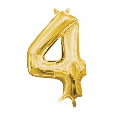 Folien Zahlenluftballon 4 in Gold, ohne Helium verwendbar, 35 cm hoch