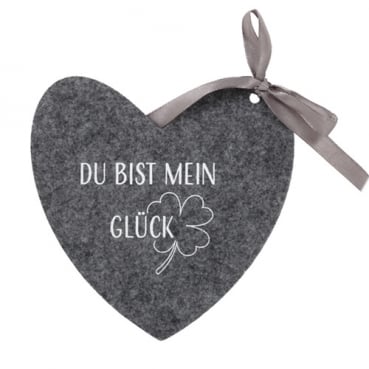 Filz Gastgeschenk, Untersetzer Herz -Du bist mein Glück- in Grau/Weiß, 13 cm