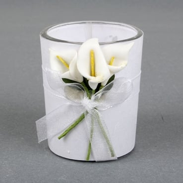 Gastgeschenk Hochzeit, Teelichtglas mit Callablumen, inkl. Teelicht, 60 mm