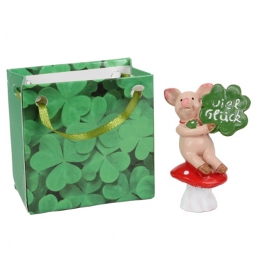 Gastgeschenk Silvester Glücksschweinchen, Fliegenpilz und Kleeblatt, im Tütchen