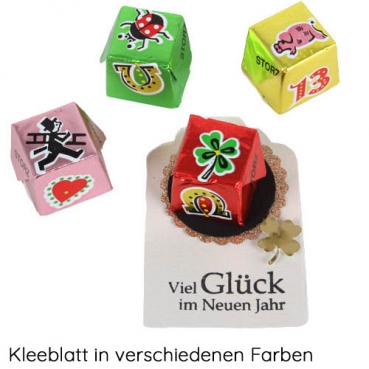 Gastgeschenk Silvester mit Nougatwürfel, Kleeblatt in 7 Farben