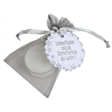 Gastgeschenk, Spruch -Schneeflocken...-, Organzasäckchen in Silber, Teelicht in Weiß