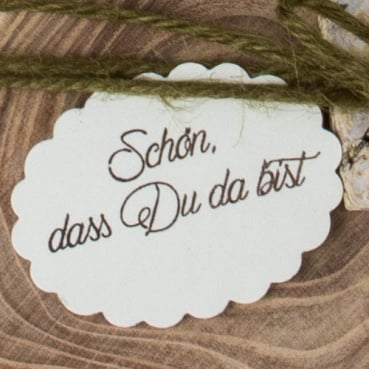 5 Geschenk-Buttons, oval -Schön, dass Du da bist-, 50 x 35 mm in Creme