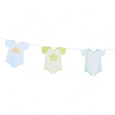 3 Meter Taufe Girlande mit 12 Babybody-Wimpeln in Blau/Grün.