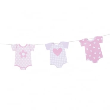 3 Meter Taufe Girlande mit 12 Babybody-Wimpeln in Rosa.