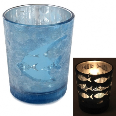 Teelichtglas Maritim, Fische in Blau, verspiegelt, 68 mm