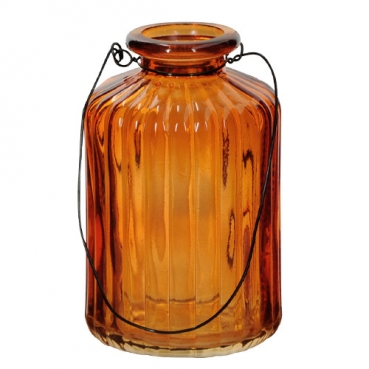 Kleines Glas Flaschen Väschen mit Henkel, gestreift in Amber, 10 cm