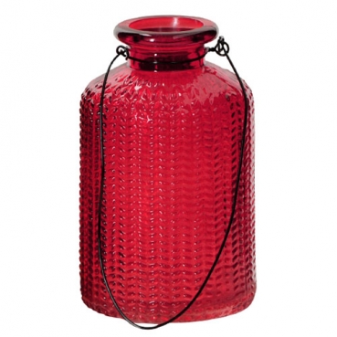 Kleines Glas Flaschen Väschen mit Henkel, gemustert in Rot, 10 cm
