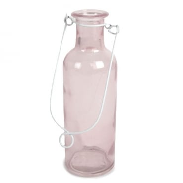 Glas Flaschen Vase mit Henkel zum Aufhängen in Rosa/Weiß, 17 cm
