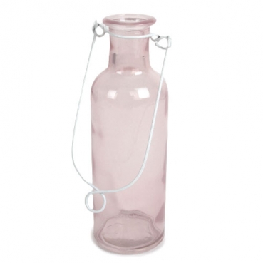 Glas Flaschen Vase mit Henkel zum Aufhängen in Rosa/Weiß, 17 cm