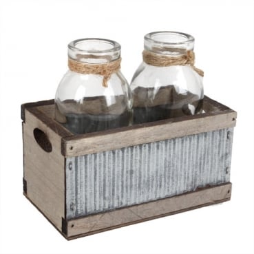 2 Glas Väschen in Holzbox mit Wellblech, 12 cm