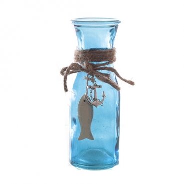 Glas Flaschen Vase Maritim mit Holz Fisch & Metall Anker, in Blau, 17 cm