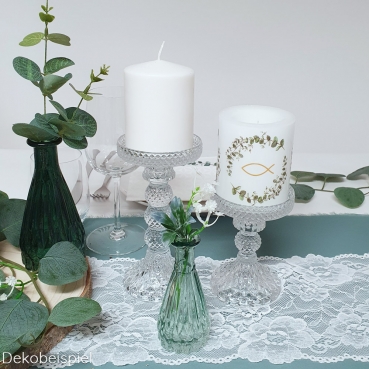 Großer Glas Kerzenständer Kristall-Optik für Stumpenkerzen, 17 cm Dekobeispiel für die Glas Kerzenständer Kristall-Optik für Stumpenkerzen.