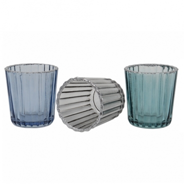 3er Set Teelichtgläser mit Silber-Glitzerrand in Blau/Grau, 60 mm