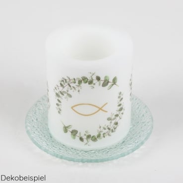 Glas Kerzenteller rund mit Struktur, 11,7 cm Dekobeispiel mit einer Motiv-Tischkerze von dem Glas Kerzenteller rund mit Struktur, 11,7 cm.