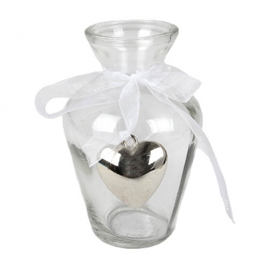 Glas Väschen mit Herzanhänger und Organzaschleife, 10 cm, Nr. 1