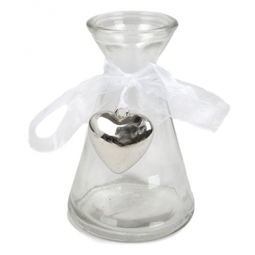 Glas Väschen Trapez mit Herzanhänger und Organzaschleife, 10 cm