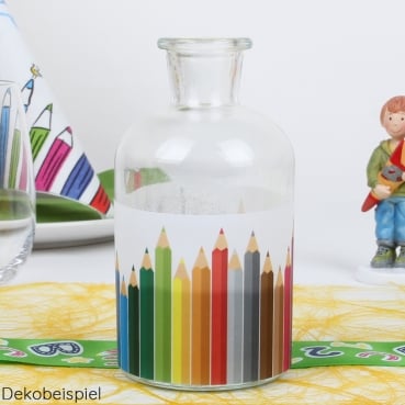 Glas Flaschen Väschen Einschulung, Buntstifte, 12 cm