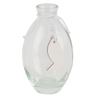 Glas Väschen mit Holz Fischanhänger, klar, 12 cm