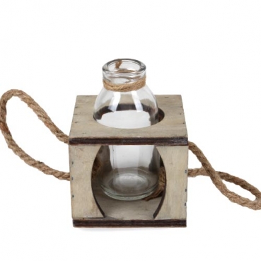 Glas Väschen in einer Holzbox mit Sisalhenkel, 85 mm