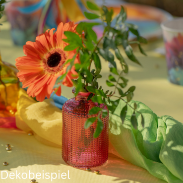 Dekobeispiel mit dem kleinen Glas Flaschen Väschen, gemustert, in Pink, 10 cm.