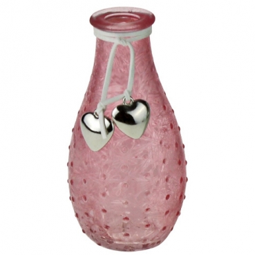 Glas Flaschen Väschen geeist, genoppt mit Herzanhänger, in Rosa, 14 cm