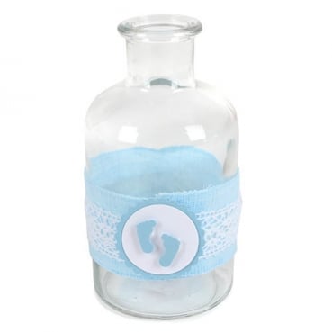 Glas Flaschen Väschen Vintage Taufe, Babyfüßchen mit Band in Hellblau, 12 cm