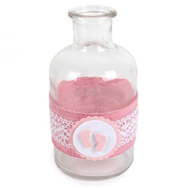 Glas Flaschen Väschen Vintage Taufe, Babyfüßchen mit Band in Rosa, 12 cm