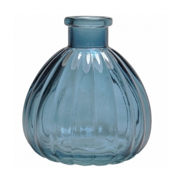 Kleines Glas Väschen, bauchig, gestreift in Blau, 95 mm