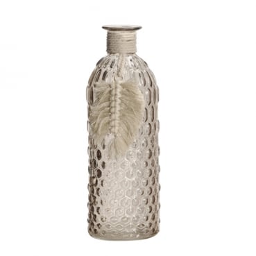 Glas Flaschen Vase Wabenmuster, Makramee Anhänger, in Hellgrau, 20,5 cm