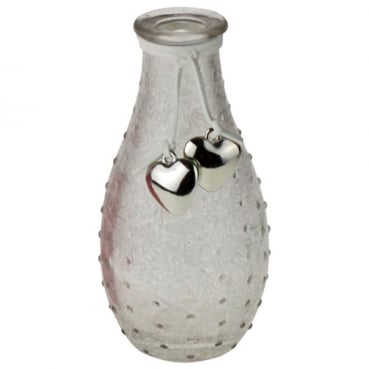 Glas Flaschen Väschen geeist, genoppt mit Herzanhänger, in Weiß, 14 cm