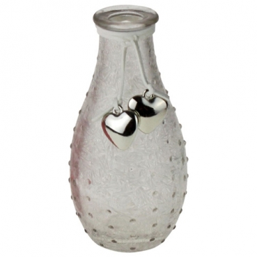Glas Flaschen Väschen geeist, genoppt mit Herzanhänger, in Weiß, 14 cm