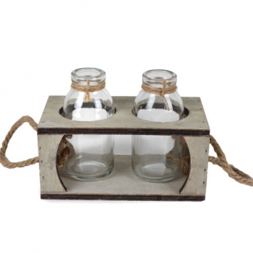 2 Glas Väschen in einer Holzbox mit Sisalhenkel, 15,5 cm