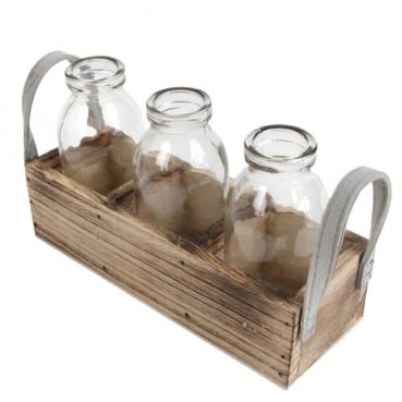 3 Glas Väschen in einer Holzbox mit Stoffhenkel, 19 cm