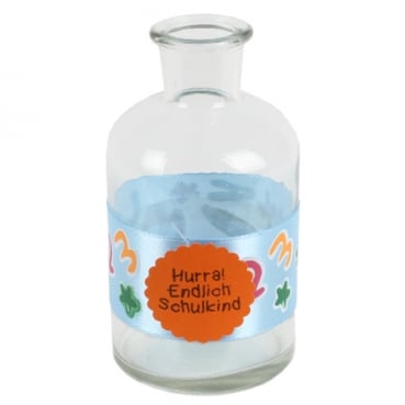 Glas Flaschen Väschen Einschulung, Band, Button in Hellblau/Orange, 12 cm
