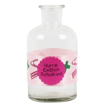 Glas Flaschen Väschen Einschulung, Band, Button in Rosa/Pink, 12 cm