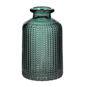 Kleines Glas Flaschen Väschen, gemustert in Dunkelgrün, 10 cm