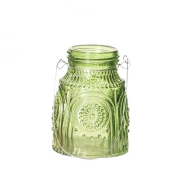 Glas Väschen mit Verzierung & Henkel, in Hellgrün, 82 mm